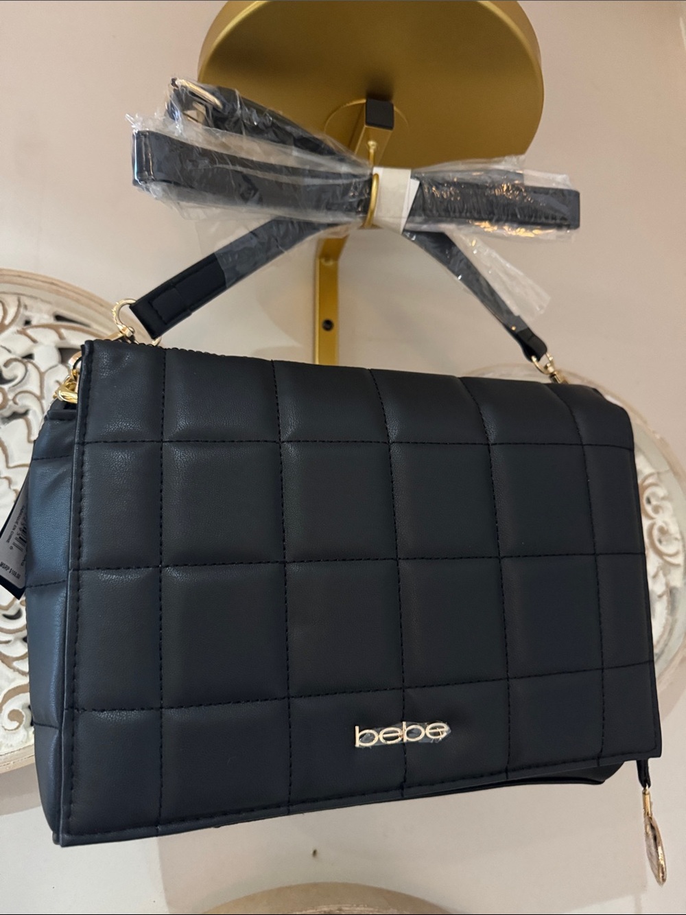 bebe Black Quilted Shoulder Bag with Gold Hardware